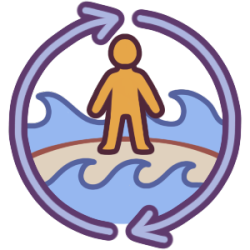 a circular image of a figure standing on a sandy island surrounded by choppy waves. The border is two curved lines with arrows